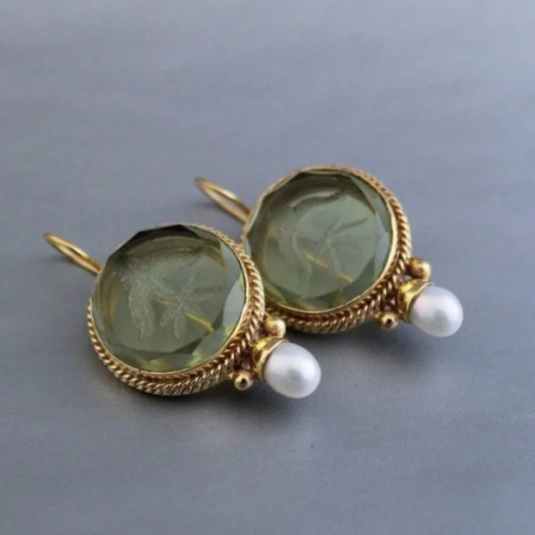 Retro Green Stone Pearl Earrings Omelia&Oliver Jewels
