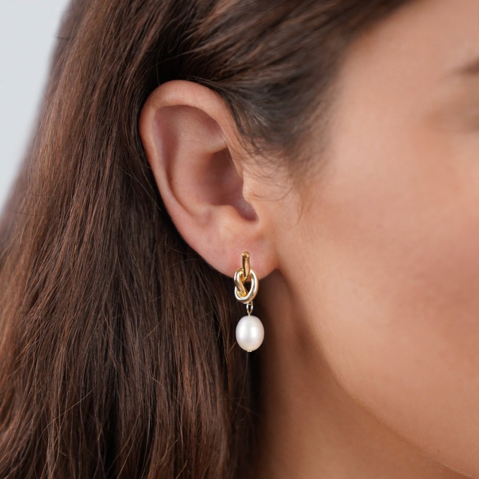 Knotted Gold & Freshwater Pearl Earrings Omelia & Oliver Jewels