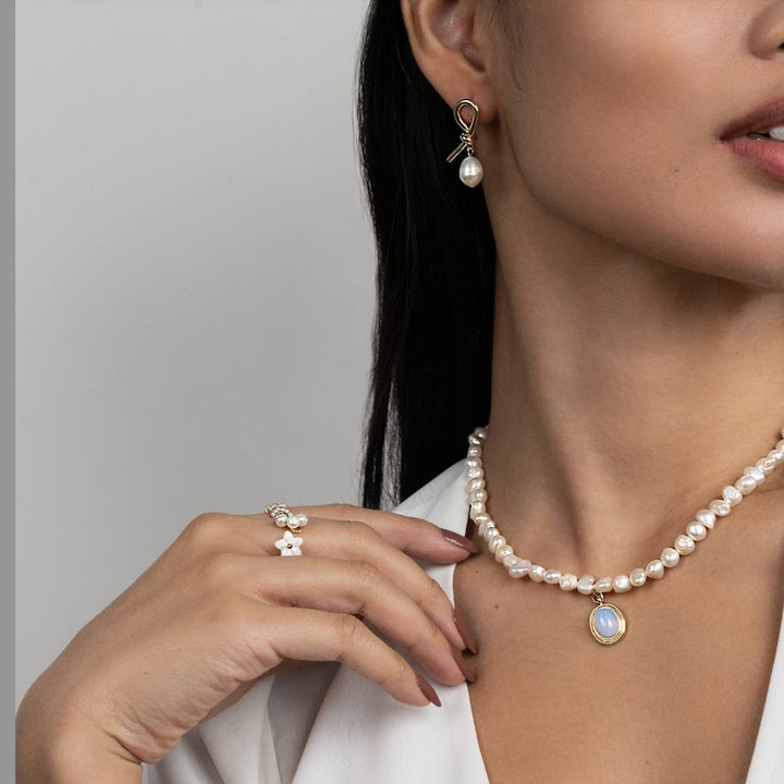 Knotted Gold & Freshwater Pearl Earrings Omelia & Oliver Jewels