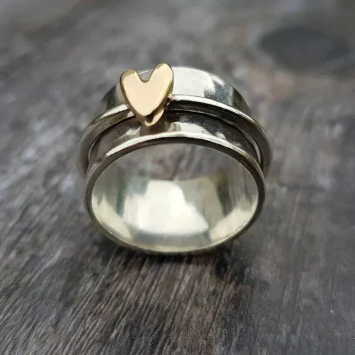 Boho Silver Ring with Gold Heart