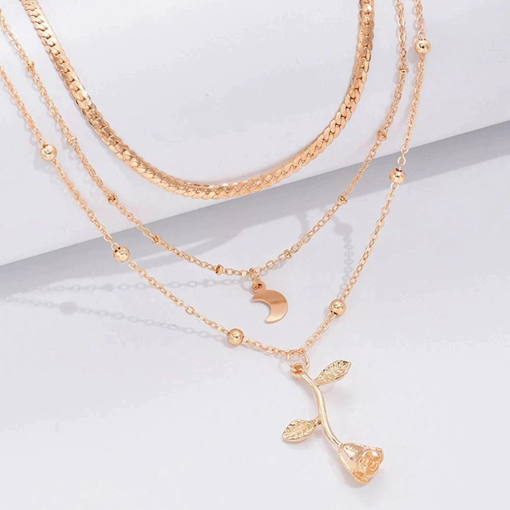 Gold Rose and Moon Pendant Necklace Omelia&Oliver Jewels