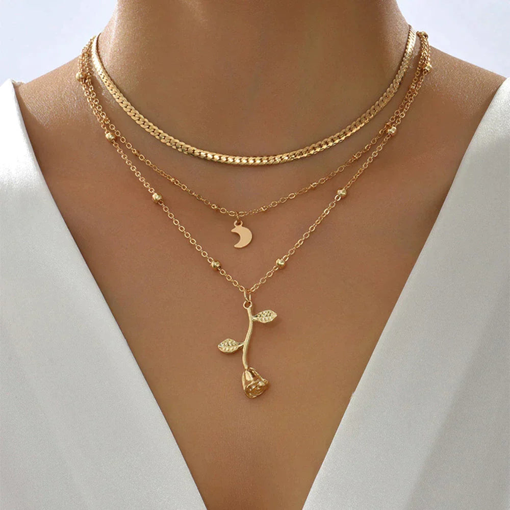 Gold Rose and Moon Pendant Necklace Omelia&Oliver Jewels