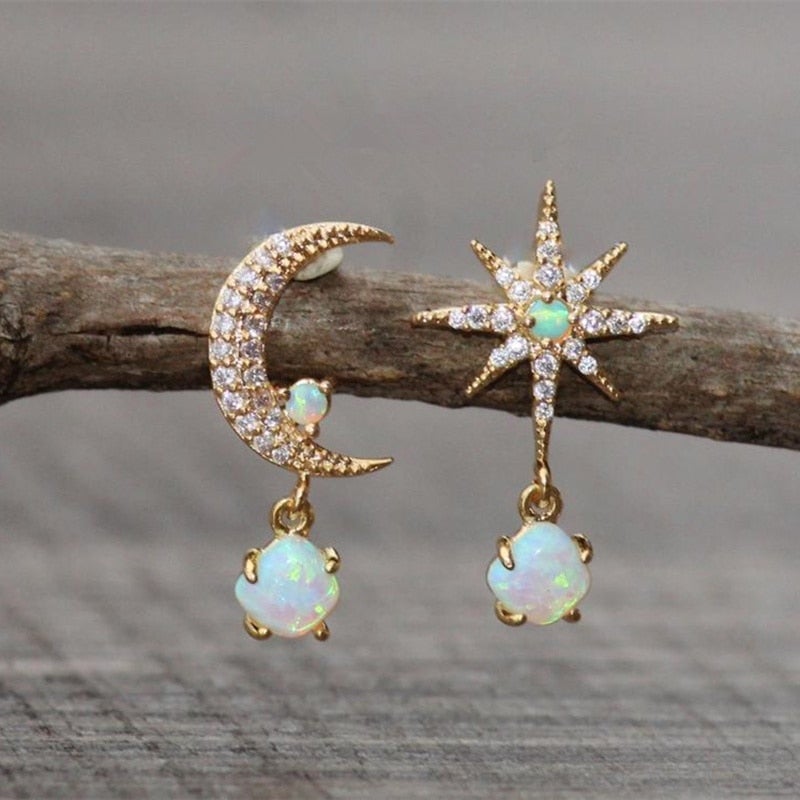 Opal and Gold Moon & Star Earrings Omelia&Oliver Jewels