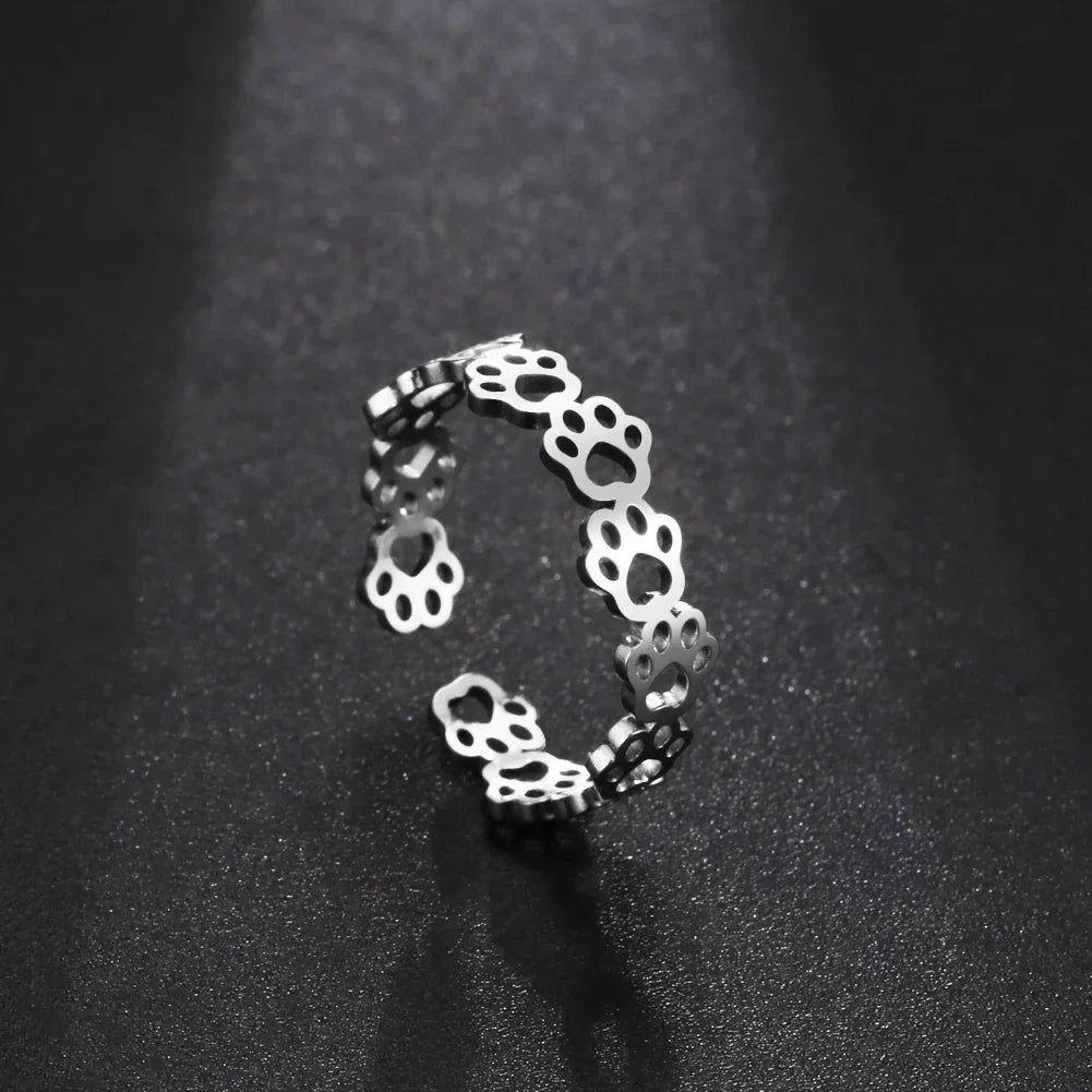 Adjustable Paw Print Ring Stainless Steel